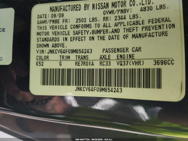 Aukcja sprzedaży 2009 Infiniti G37x, vin: JNKCV64F09M654243, numer aukcji: 45477784