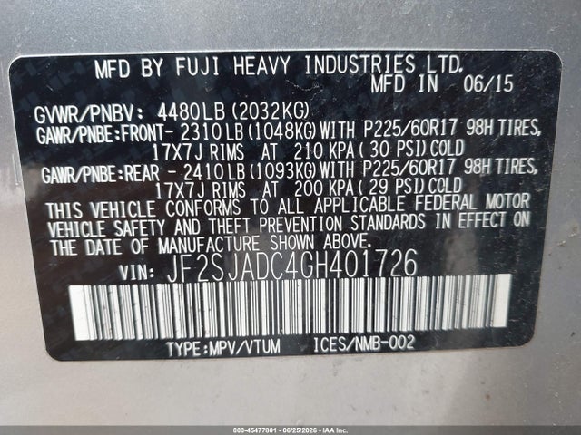 45477801 :رقم المزاد ، JF2SJADC4GH401726 vin ، 2016 Subaru Forester 2.5i Premium مزاد بيع
