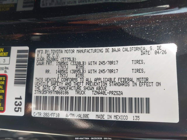 Продаж на аукціоні авто 2026 Toyota Tacoma Sr5, vin: 3TMKB5FN9TM068186, номер лоту: 45477804