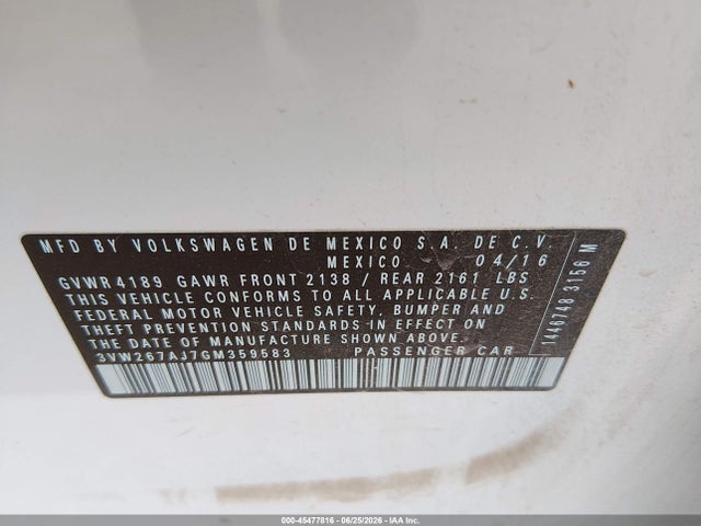2016 Volkswagen Jetta 1.4t S მანქანა იყიდება აუქციონზე, vin: 3VW267AJ7GM359583, აუქციონის ნომერი: 45477816
