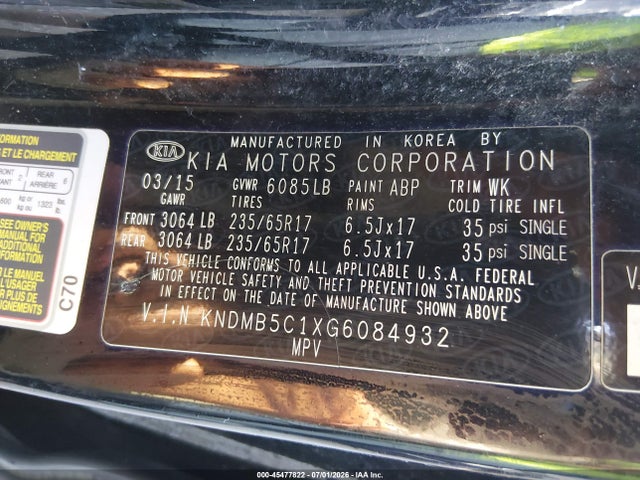 45477822 :رقم المزاد ، KNDMB5C1XG6084932 vin ، 2016 Kia Sedona Lx مزاد بيع