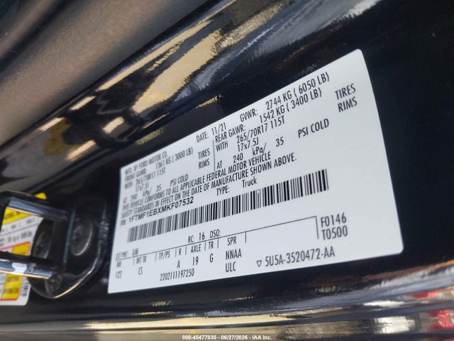 45477835 :رقم المزاد ، 1FTMF1EBXMKF07532 vin ، 2021 Ford F-150 Xl مزاد بيع