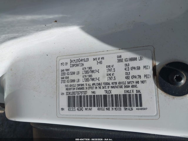 45477836 :رقم المزاد ، 3D3KU28D73G797337 vin ، 2003 Dodge Ram 2500 Slt/laramie/st مزاد بيع