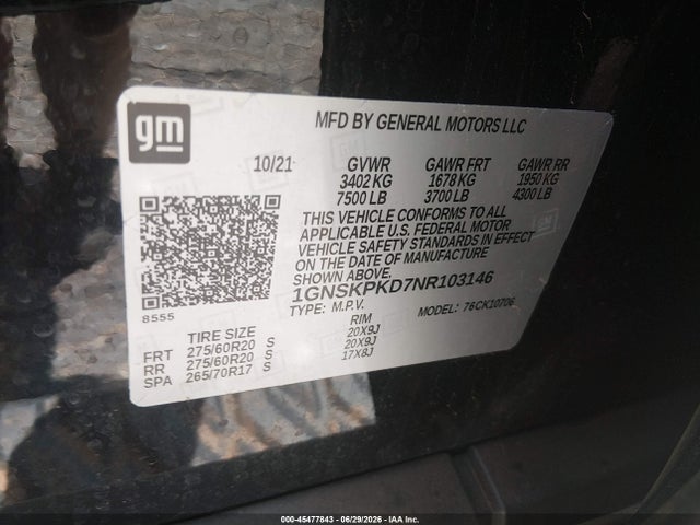 1GNSKPKD7NR103146 Chevrolet Tahoe 4wd Z71