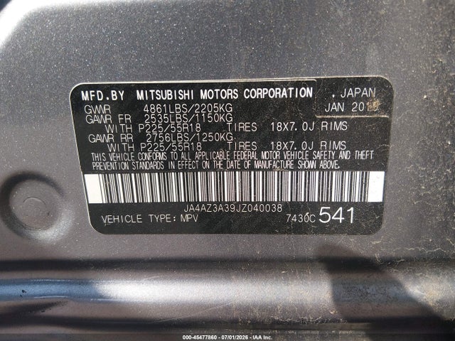 2018 Mitsubishi Outlander Se მანქანა იყიდება აუქციონზე, vin: JA4AZ3A39JZ040038, აუქციონის ნომერი: 45477860