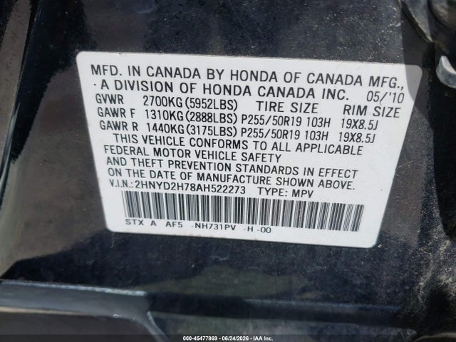 2010 Acura Mdx Advance Package მანქანა იყიდება აუქციონზე, vin: 2HNYD2H78AH522273, აუქციონის ნომერი: 45477869