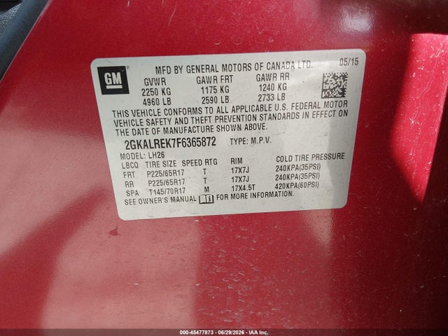 Продаж на аукціоні авто 2015 Gmc Terrain Sle-2, vin: 2GKALREK7F6365872, номер лоту: 45477873