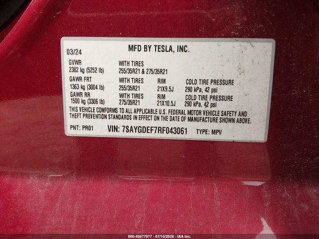 Auction sale of the 2024 Tesla Model Y Performance Dual Motor All-wheel Drive, vin: 7SAYGDEF7RF043061, lot number: 45477877