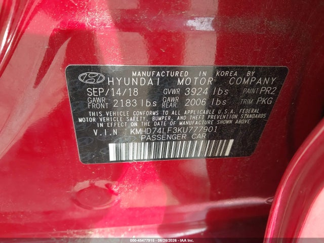 Auction sale of the 2019 Hyundai Elantra Se, vin: KMHD74LF3KU777901, lot number: 45477915