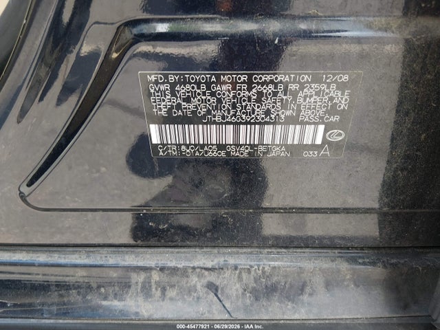 2009 Lexus Es 350 მანქანა იყიდება აუქციონზე, vin: JTHBJ46G392304313, აუქციონის ნომერი: 45477921