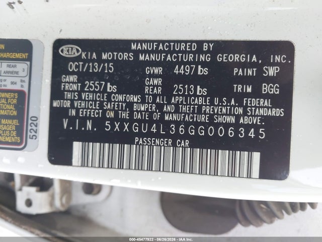 Продажа на аукционе авто 2016 Kia Optima Ex, vin: 5XXGU4L36GG006345, номер лота: 45477922