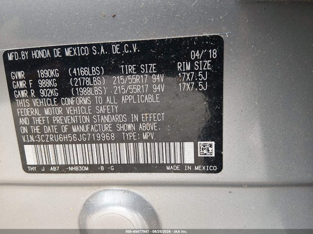 45477947 :رقم المزاد ، 3CZRU6H56JG719968 vin ، 2018 Honda Hr-v Ex مزاد بيع