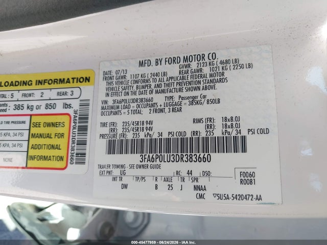 2013 Ford Fusion Hybrid Se მანქანა იყიდება აუქციონზე, vin: 3FA6P0LU3DR383660, აუქციონის ნომერი: 45477959