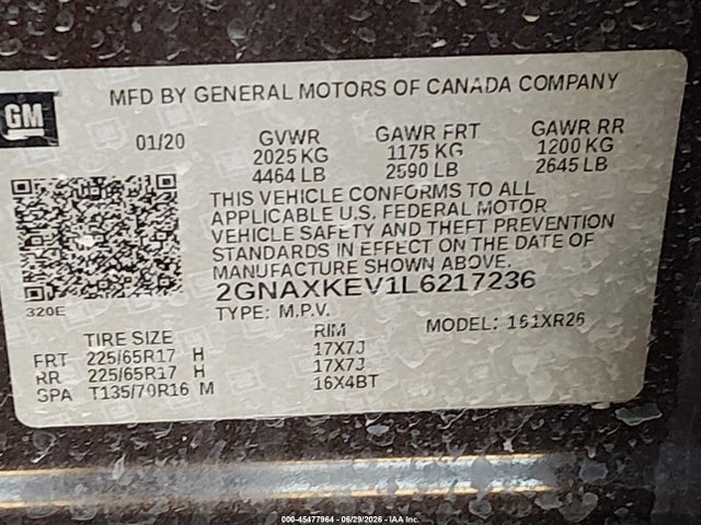 2GNAXKEV1L6217236 Chevrolet Equinox Fwd Lt 1.5l Turbo