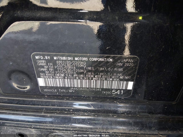 45477965 :رقم المزاد ، JA4AZ3A32LZ036349 vin ، 2020 Mitsubishi Outlander Le 2.4 S-awc مزاد بيع