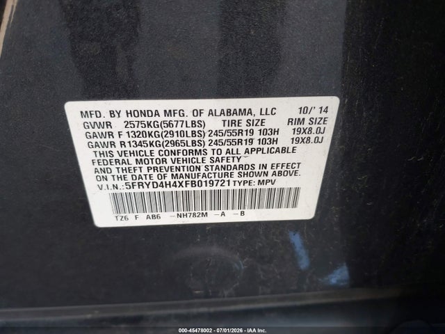Продаж на аукціоні авто 2015 Acura Mdx Technology Package, vin: 5FRYD4H4XFB019721, номер лоту: 45478002