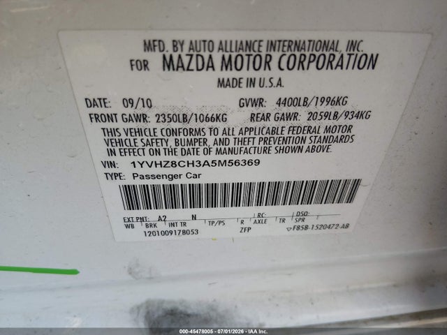 Продаж на аукціоні авто 2010 Mazda Mazda6 I Touring, vin: 1YVHZ8CH3A5M56369, номер лоту: 45478005