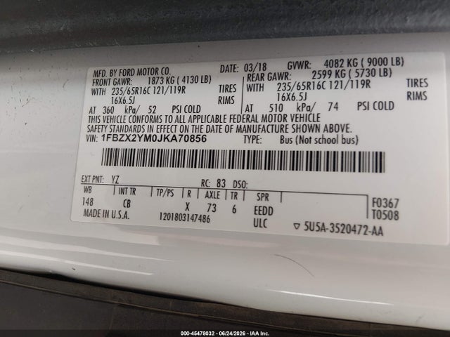 1FBZX2YM0JKA70856 Ford Transit-350 Xl/xlt