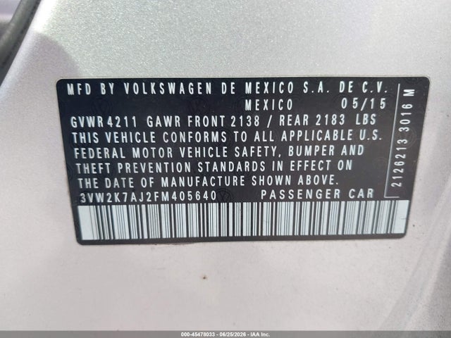 Продаж на аукціоні авто 2015 Volkswagen Jetta 2.0l S, vin: 3VW2K7AJ2FM405640, номер лоту: 45478033