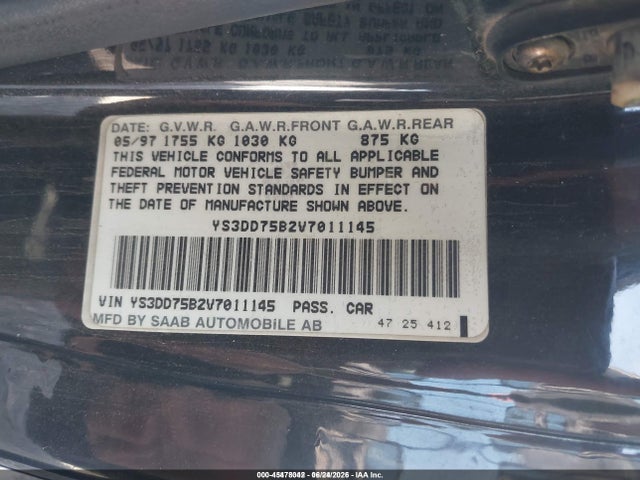 Продажа на аукционе авто 1997 Saab 900 S, vin: YS3DD75B2V7011145, номер лота: 45478042