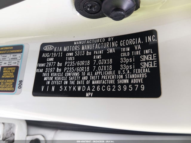 Aukcja sprzedaży 2012 Kia Sorento Sx V6, vin: 5XYKWDA26CG239579, numer aukcji: 45478047