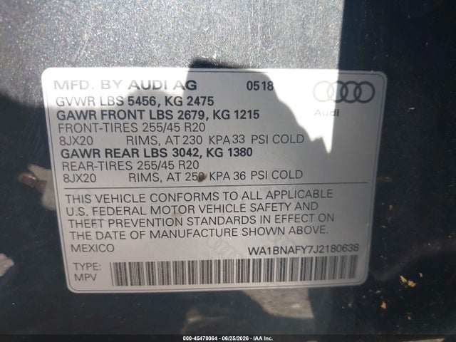 Продажа на аукционе авто 2018 Audi Q5 2.0t Premium/2.0t Tech Premium, vin: WA1BNAFY7J2180638, номер лота: 45478064