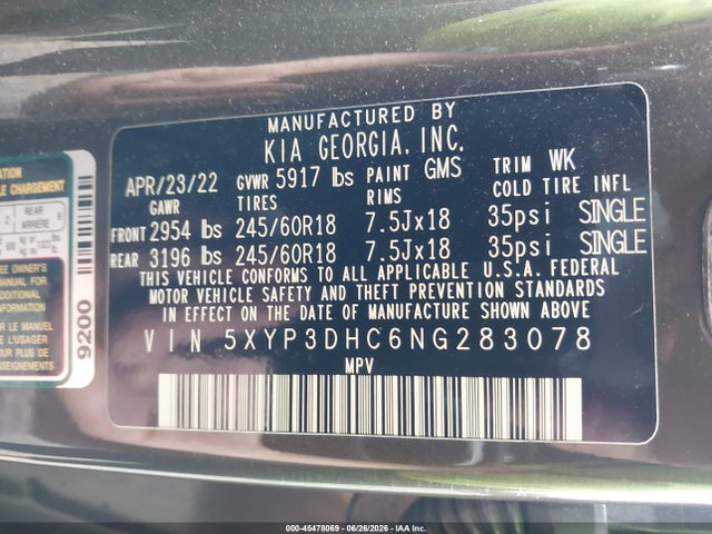 2022 Kia Telluride Ex მანქანა იყიდება აუქციონზე, vin: 5XYP3DHC6NG283078, აუქციონის ნომერი: 45478069