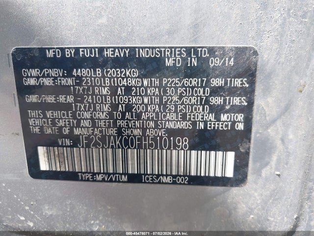 Продажа на аукционе авто 2015 Subaru Forester 2.5i Limited, vin: JF2SJAKC0FH510198, номер лота: 45478071