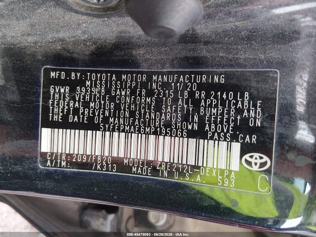 Продаж на аукціоні авто 2021 Toyota Corolla Le, vin: 5YFEPMAE6MP195066, номер лоту: 45478093
