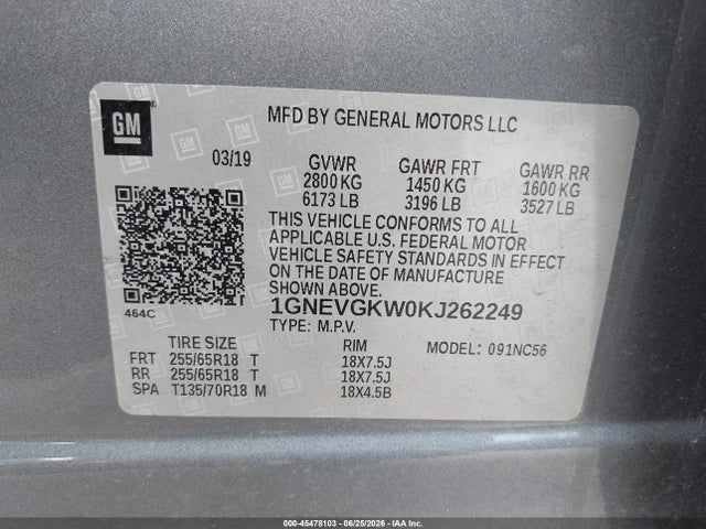 1GNEVGKW0KJ262249 Chevrolet Traverse 1lt