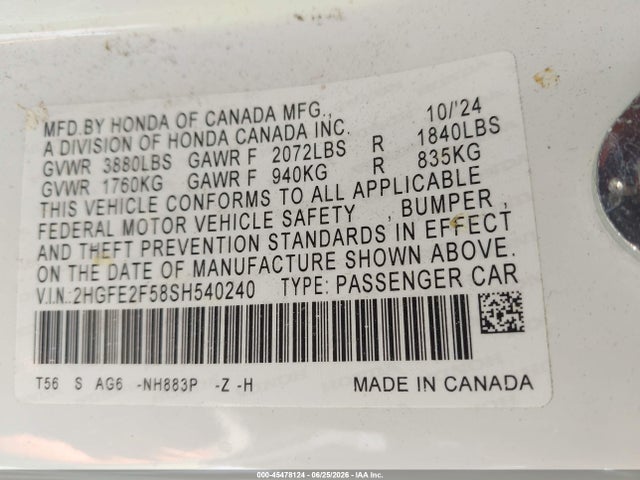 2HGFE2F58SH540240 Honda Civic Sport