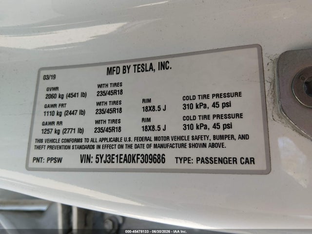 Tesla Model 3 Long Range/mid Range/standard Range/standard Range Plus 2019 5YJ3E1EA0KF309686 Image 9
