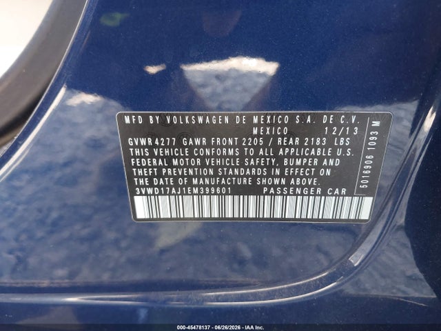 2014 Volkswagen Jetta 1.8t Se მანქანა იყიდება აუქციონზე, vin: 3VWD17AJ1EM399601, აუქციონის ნომერი: 45478137