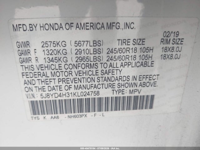 Продажа на аукционе авто 2019 Acura Mdx Standard, vin: 5J8YD4H31KL024758, номер лота: 45478154