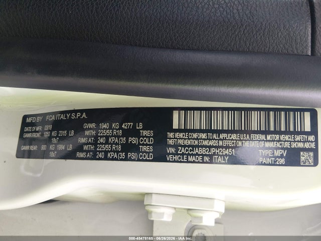 Aukcja sprzedaży 2018 Jeep Renegade Latitude Fwd, vin: ZACCJABB2JPH29451, numer aukcji: 45478165
