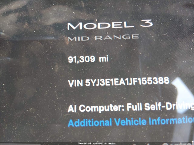 Продажа на аукционе авто 2018 Tesla Model 3 Long Range/mid Range, vin: 5YJ3E1EA1JF155388, номер лота: 45478171