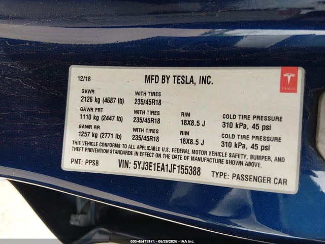 Продажа на аукционе авто 2018 Tesla Model 3 Long Range/mid Range, vin: 5YJ3E1EA1JF155388, номер лота: 45478171