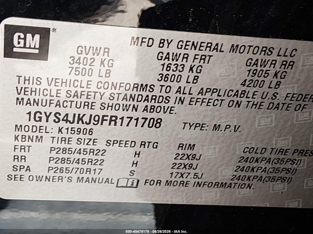2015 Cadillac Escalade Esv Premium მანქანა იყიდება აუქციონზე, vin: 1GYS4JKJ9FR171708, აუქციონის ნომერი: 45478176