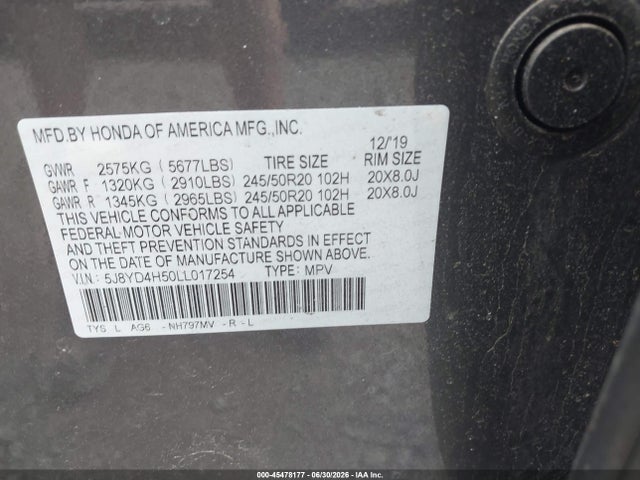 Продаж на аукціоні авто 2020 Acura Mdx Technology Package, vin: 5J8YD4H50LL017254, номер лоту: 45478177