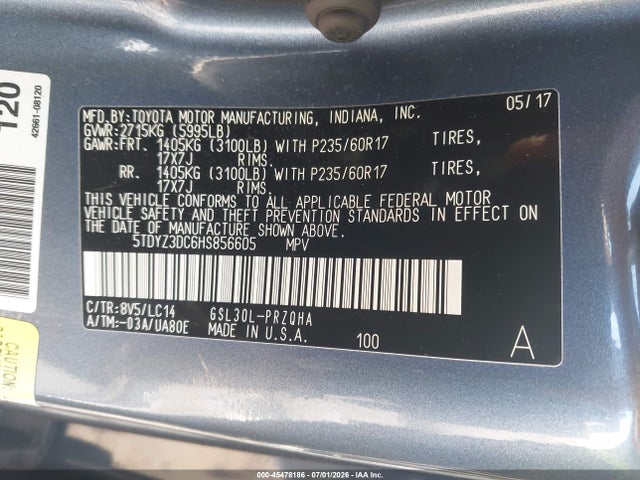 2017 Toyota Sienna Xle 8 Passenger მანქანა იყიდება აუქციონზე, vin: 5TDYZ3DC6HS856605, აუქციონის ნომერი: 45478186