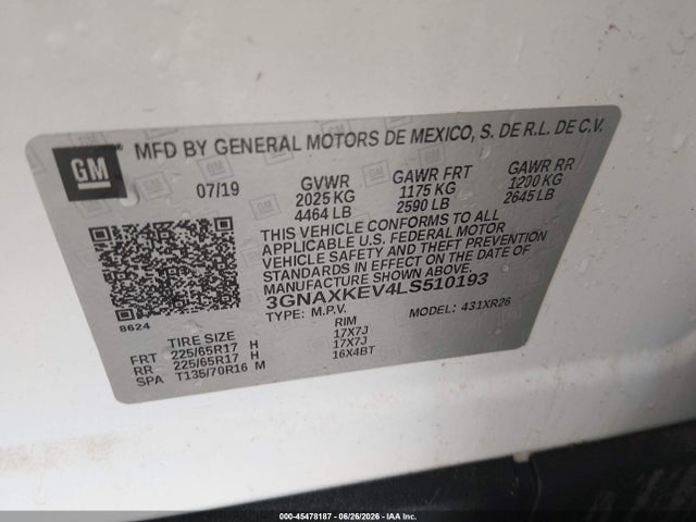 Aukcja sprzedaży 2020 Chevrolet Equinox Fwd Lt 1.5l Turbo, vin: 3GNAXKEV4LS510193, numer aukcji: 45478187