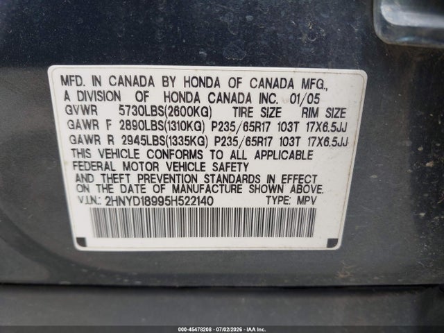 45478208 :رقم المزاد ، 2HNYD18995H522140 vin ، 2005 Acura Mdx مزاد بيع