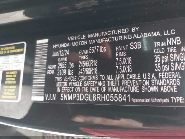 Auction sale of the 2024 Hyundai Santa Fe Xrt, vin: 5NMP3DGL8RH055841, lot number: 45478222