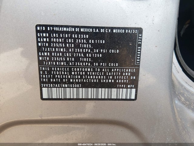 3VV3B7AX1NM103087 Volkswagen Tiguan 2.0t Se