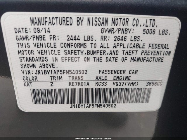 Продаж на аукціоні авто 2015 Infiniti Q70 3.7, vin: JN1BY1AP5FM540502, номер лоту: 45478246