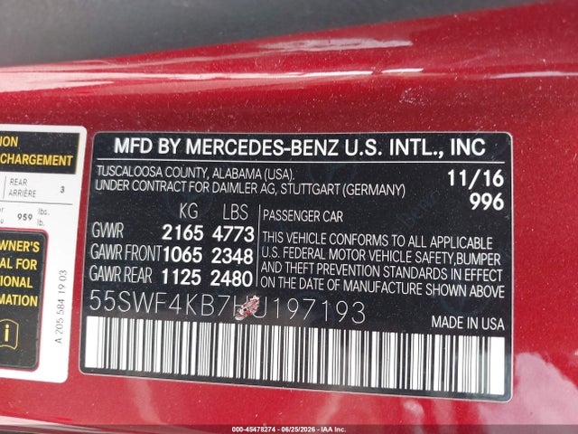 45478274 :رقم المزاد ، 55SWF4KB7HU197193 vin ، 2017 Mercedes-benz C 300 4matic مزاد بيع