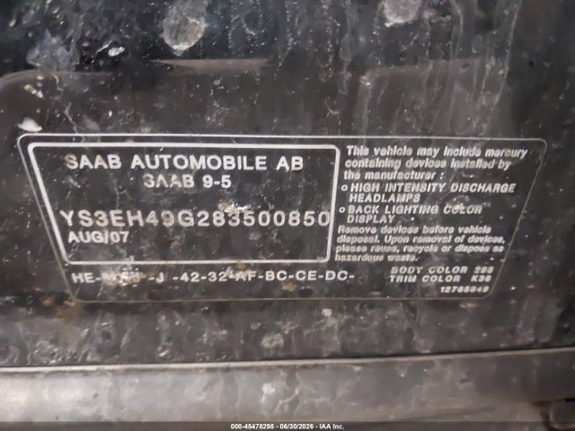 2008 Saab 9-5 Aero მანქანა იყიდება აუქციონზე, vin: YS3EH49G283500850, აუქციონის ნომერი: 45478298