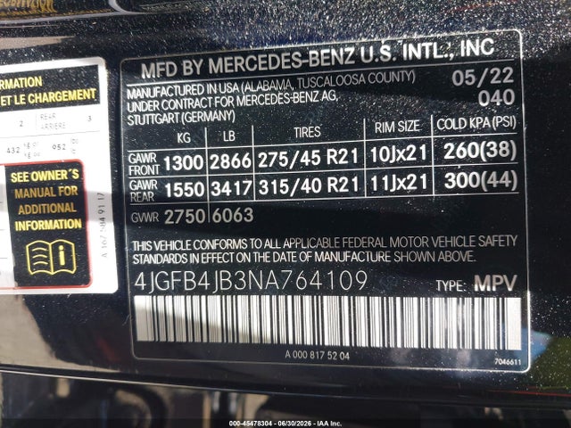 4JGFB4JB3NA764109 Mercedes-Benz GLE 350