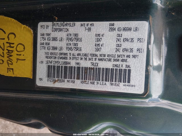 Aukcja sprzedaży 2000 Dodge Ram 1500 St, vin: 1B7HF13Y5YJ109844, numer aukcji: 45478309