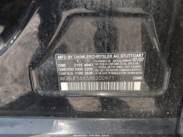 45478310 :رقم المزاد ، WDBUF56X58B200971 vin ، 2008 Mercedes-benz E 350 مزاد بيع